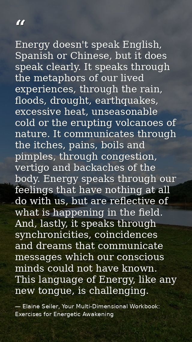 Energy doesn't speak English, Spanish or Chinese, but it does speak clearly. It speaks through the metaphors of our live — Elaine Seiler, Your Multi-Dimensional Workbook: Exercises for Energetic Awakening