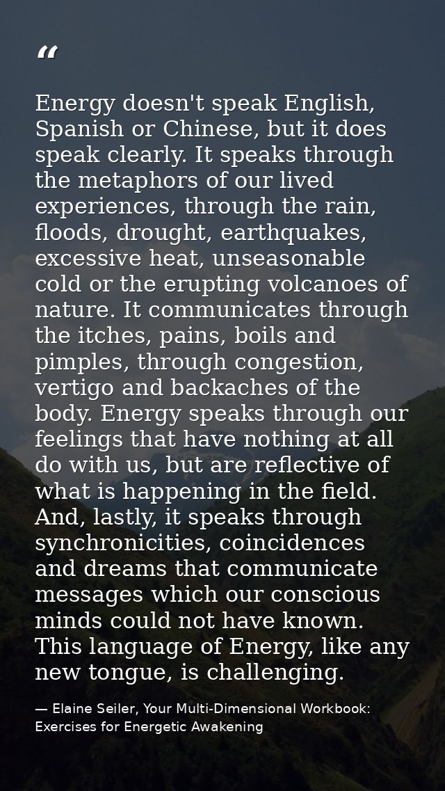 Energy doesn't speak English, Spanish or Chinese, but it does speak clearly. It speaks through the metaphors of our live — Elaine Seiler, Your Multi-Dimensional Workbook: Exercises for Energetic Awakening