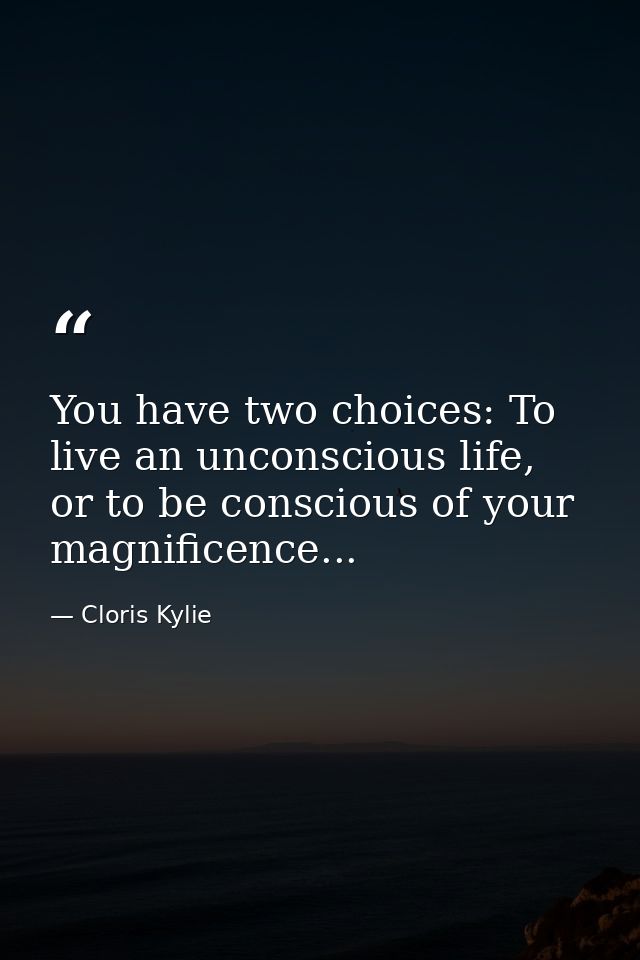 You have two choices: To live an unconscious life, or to be conscious of your magnificence... — Cloris Kylie
