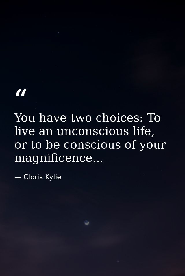 You have two choices: To live an unconscious life, or to be conscious of your magnificence... — Cloris Kylie