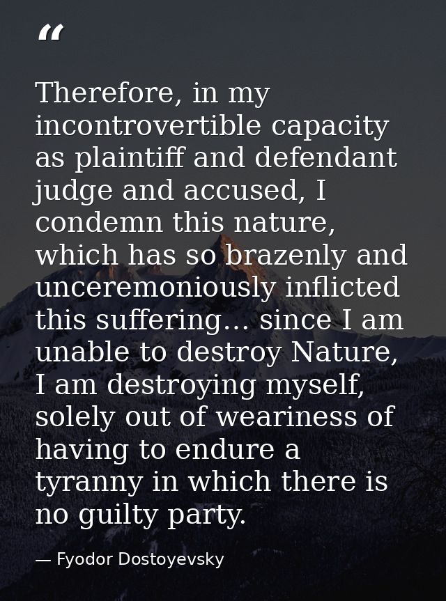 Therefore, in my incontrovertible capacity as plaintiff and defendant judge and accused, I condemn this nature, which ha — Fyodor Dostoyevsky