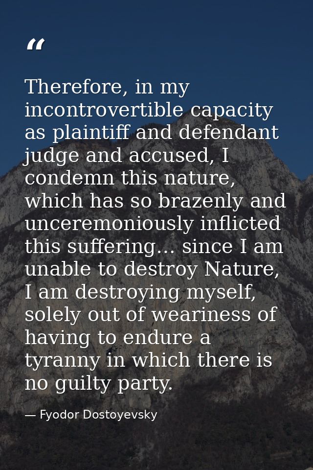 Therefore, in my incontrovertible capacity as plaintiff and defendant judge and accused, I condemn this nature, which ha — Fyodor Dostoyevsky