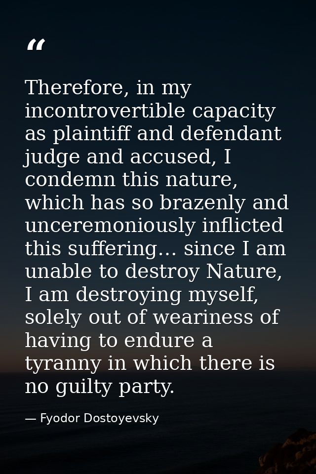 Therefore, in my incontrovertible capacity as plaintiff and defendant judge and accused, I condemn this nature, which ha — Fyodor Dostoyevsky