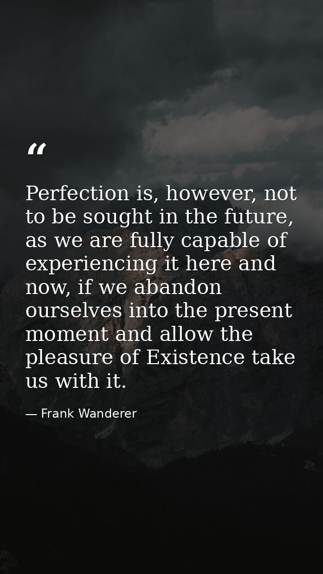 Perfection is, however, not to be sought in the future, as we are fully capable of experiencing it here and now, if we a — Frank Wanderer