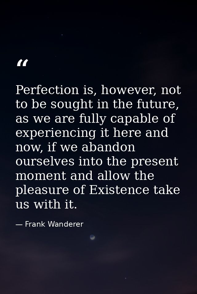 Perfection is, however, not to be sought in the future, as we are fully capable of experiencing it here and now, if we a — Frank Wanderer