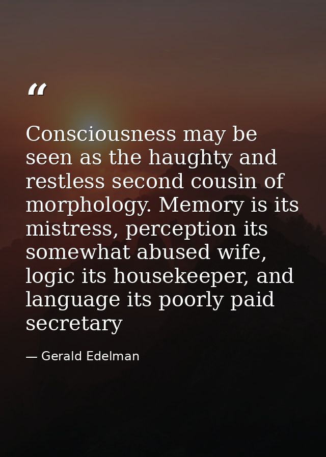 Consciousness may be seen as the haughty and restless second cousin of morphology. Memory is its mistress, perception it — Gerald Edelman