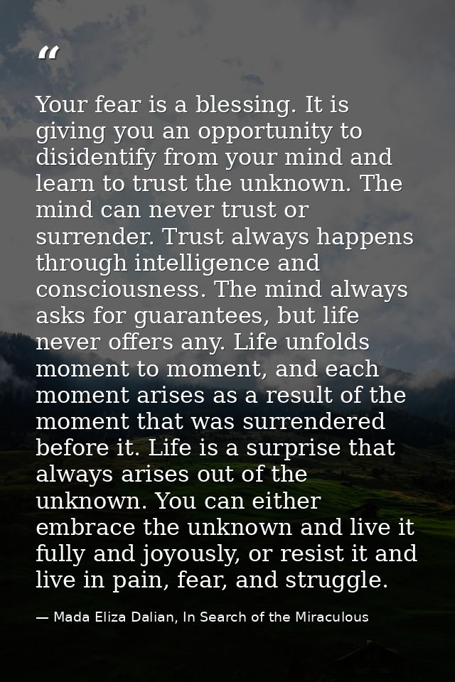 Your fear is a blessing. It is giving you an opportunity to disidentify from your mind and learn to trust the unknown. T — Mada Eliza Dalian, In Search of the Miraculous
