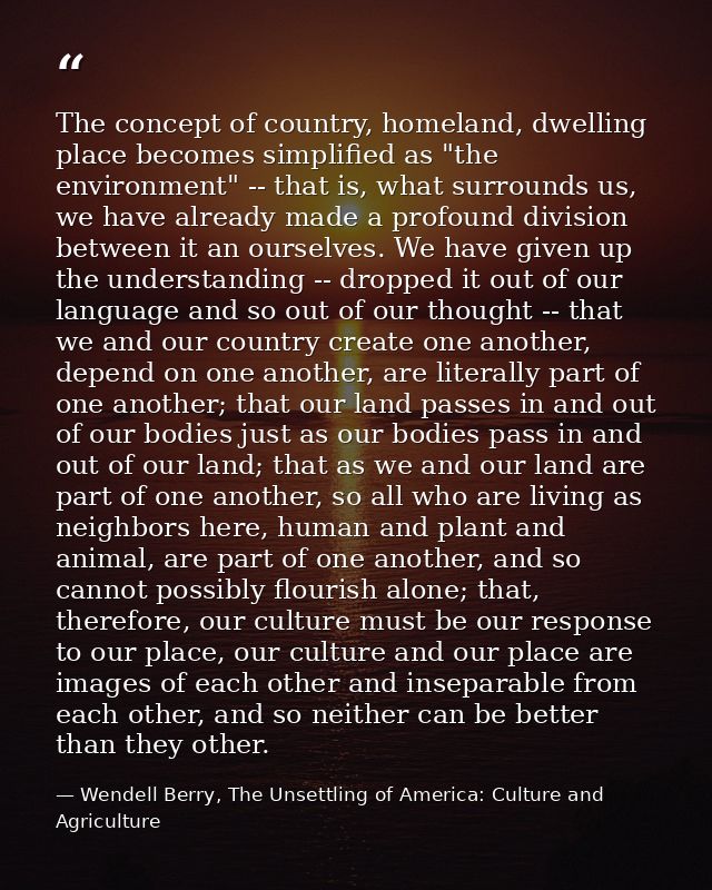 The concept of country, homeland, dwelling place becomes simplified as "the environment" -- that is, what surrounds us,  — Wendell Berry, The Unsettling of America: Culture and Agriculture