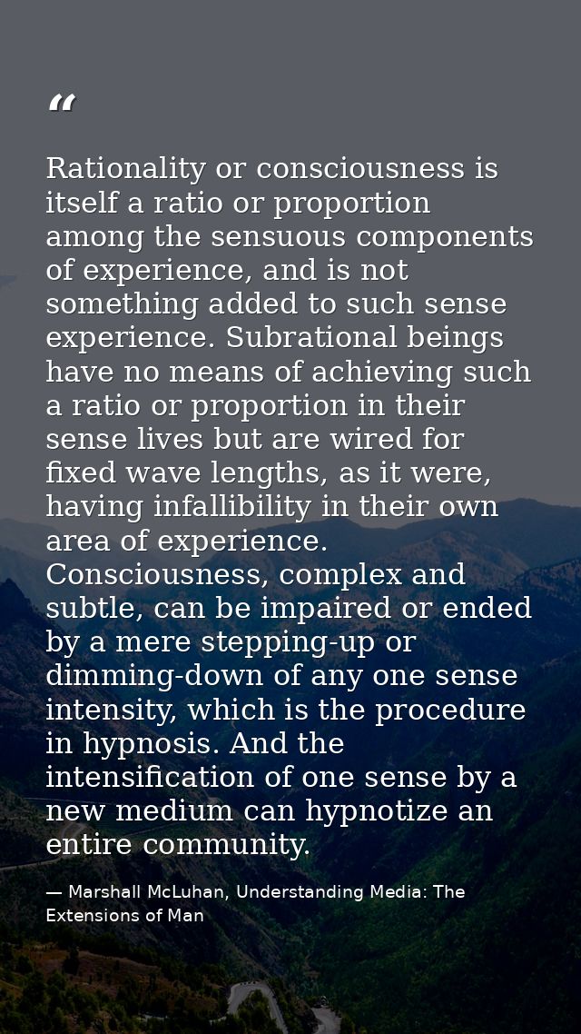 Rationality or consciousness is itself a ratio or proportion among the sensuous components of experience, and is not som — Marshall McLuhan, Understanding Media: The Extensions of Man