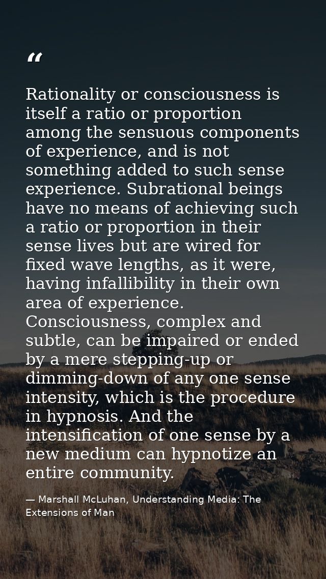 Rationality or consciousness is itself a ratio or proportion among the sensuous components of experience, and is not som — Marshall McLuhan, Understanding Media: The Extensions of Man