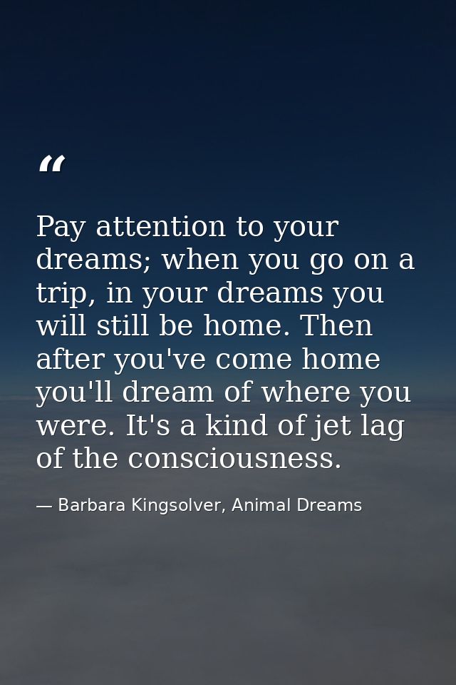 Pay attention to your dreams; when you go on a trip, in your dreams you will still be home. Then after you've come home  — Barbara Kingsolver, Animal Dreams