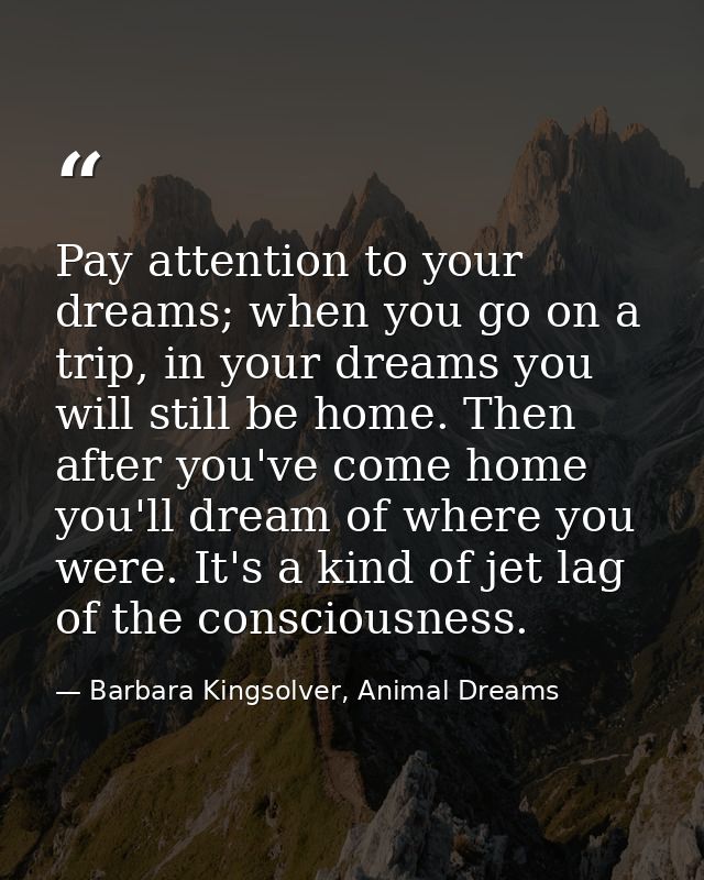 Pay attention to your dreams; when you go on a trip, in your dreams you will still be home. Then after you've come home  — Barbara Kingsolver, Animal Dreams