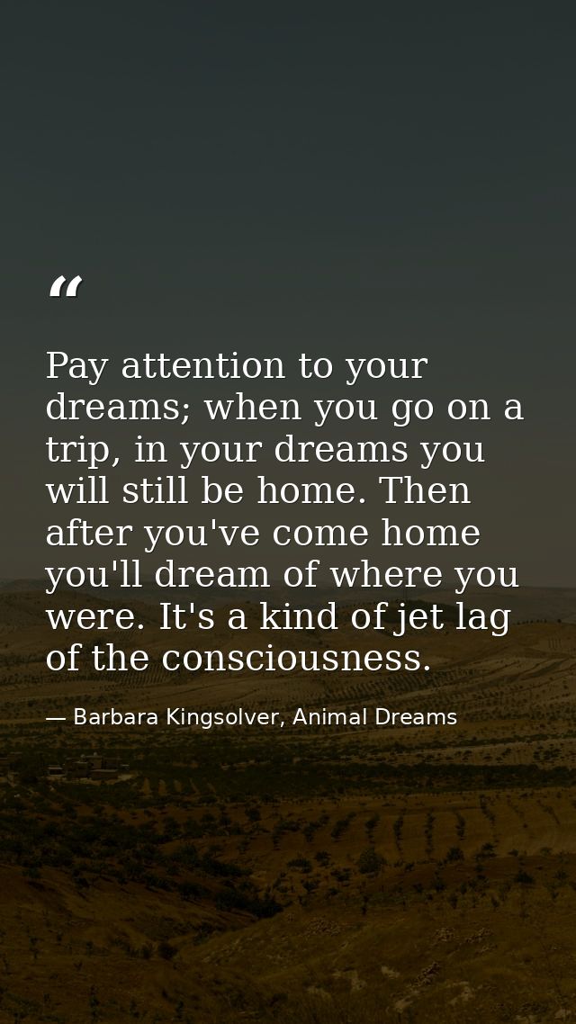 Pay attention to your dreams; when you go on a trip, in your dreams you will still be home. Then after you've come home  — Barbara Kingsolver, Animal Dreams
