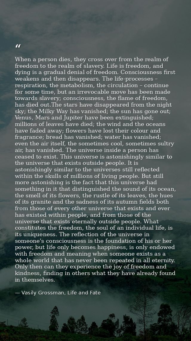 When a person dies, they cross over from the realm of freedom to the realm of slavery. Life is freedom, and dying is a g — Vasily Grossman, Life and Fate