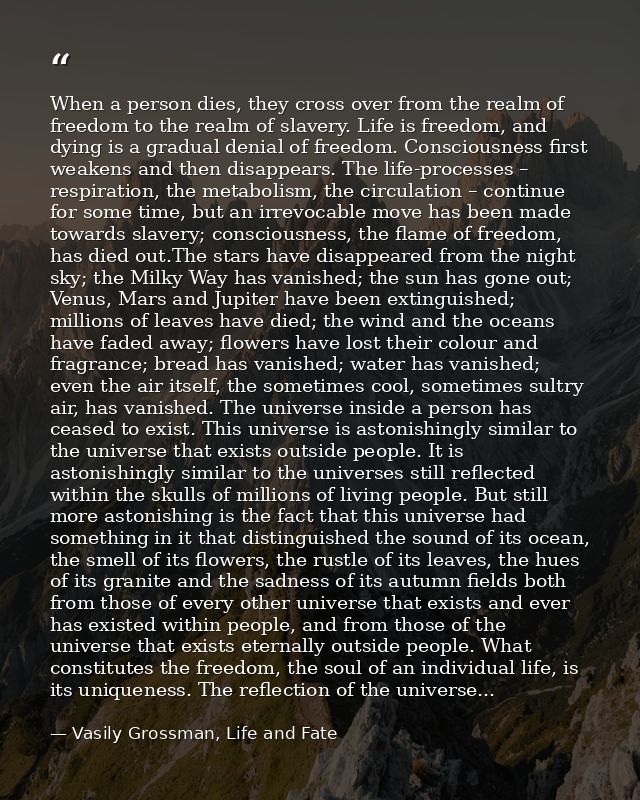 When a person dies, they cross over from the realm of freedom to the realm of slavery. Life is freedom, and dying is a g — Vasily Grossman, Life and Fate