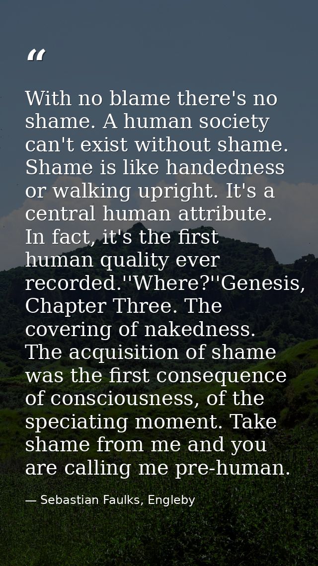 With no blame there's no shame. A human society can't exist without shame. Shame is like handedness or walking upright.  — Sebastian Faulks, Engleby