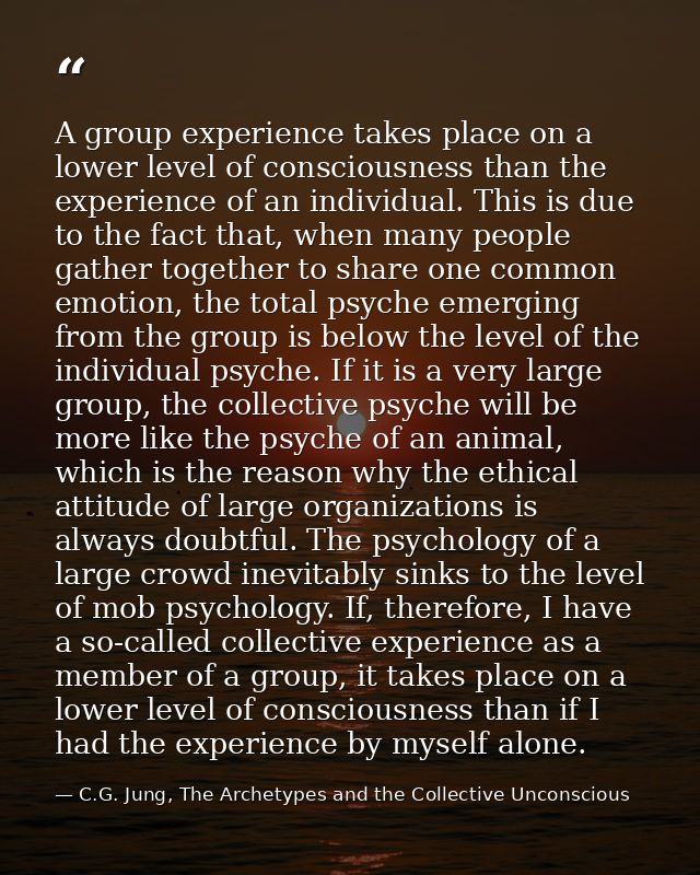 A group experience takes place on a lower level of consciousness than the experience of an individual. This is due to th — C.G. Jung, The Archetypes and the Collective Unconscious