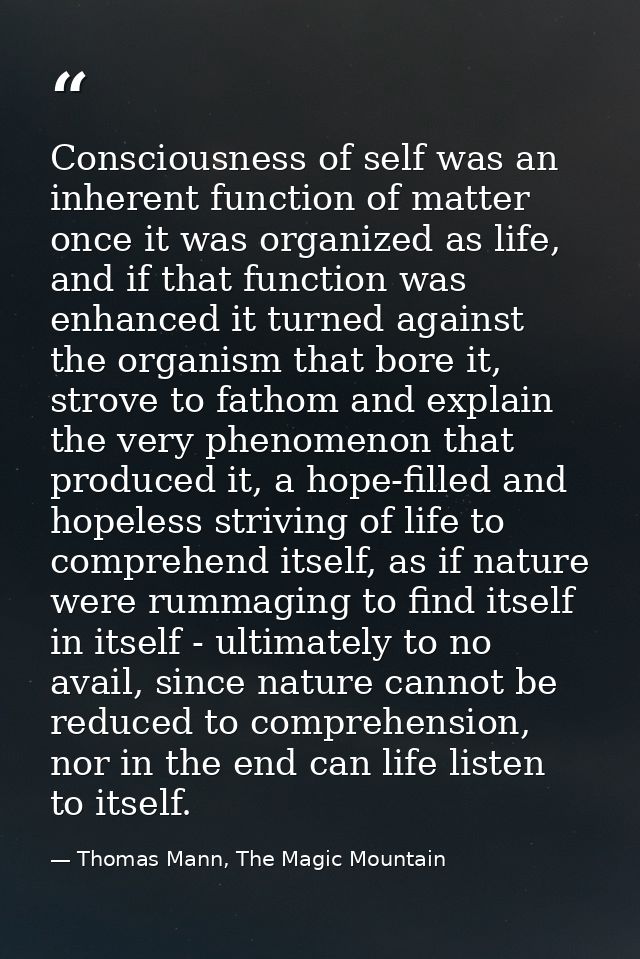 Consciousness of self was an inherent function of matter once it was organized as life, and if that function was enhance — Thomas Mann, The Magic Mountain