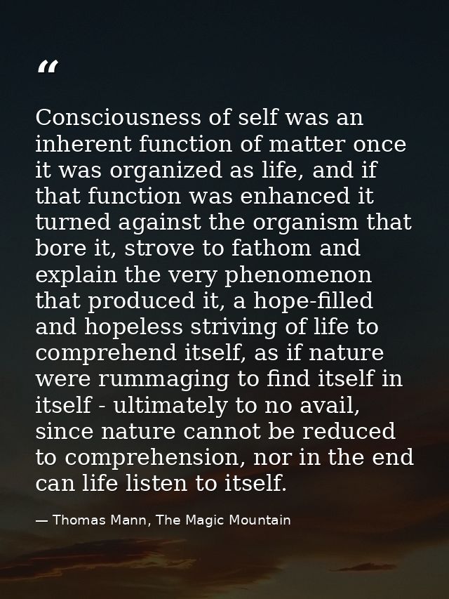 Consciousness of self was an inherent function of matter once it was organized as life, and if that function was enhance — Thomas Mann, The Magic Mountain
