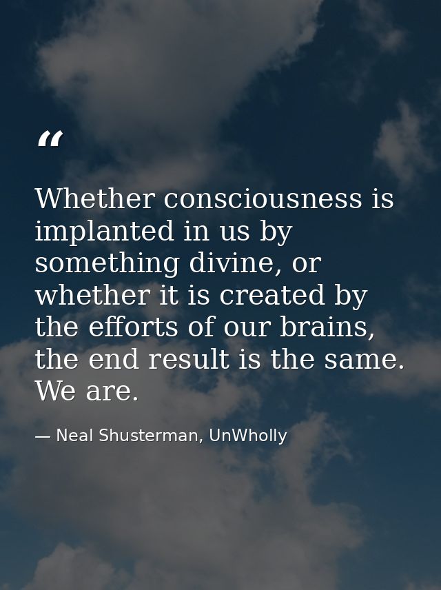 Whether consciousness is implanted in us by something divine, or whether it is created by the efforts of our brains, the — Neal Shusterman, UnWholly
