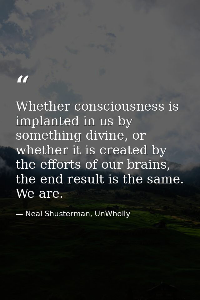 Whether consciousness is implanted in us by something divine, or whether it is created by the efforts of our brains, the — Neal Shusterman, UnWholly