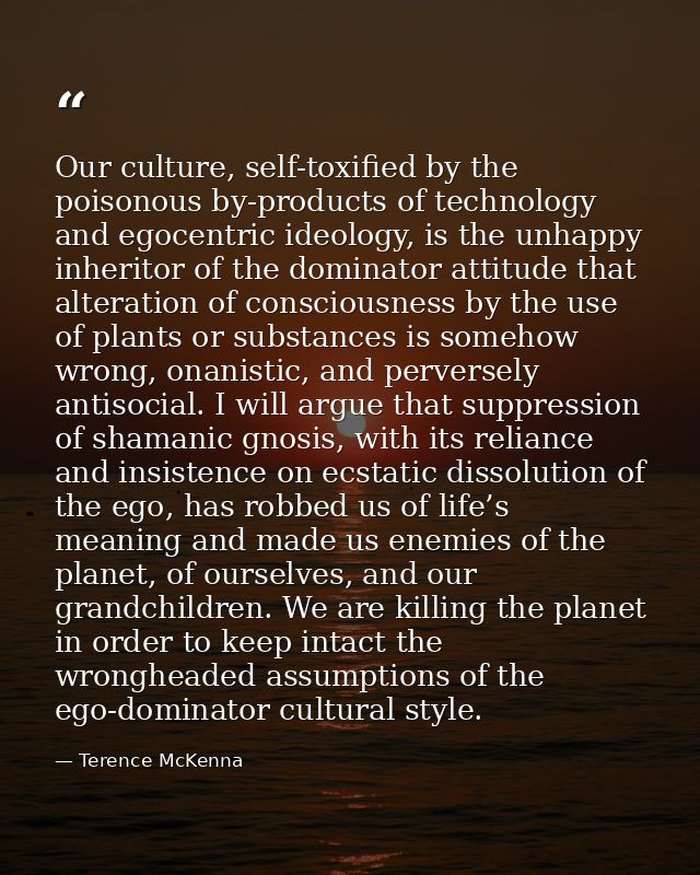 Our culture, self-toxified by the poisonous by-products of technology and egocentric ideology, is the unhappy inheritor  — Terence McKenna