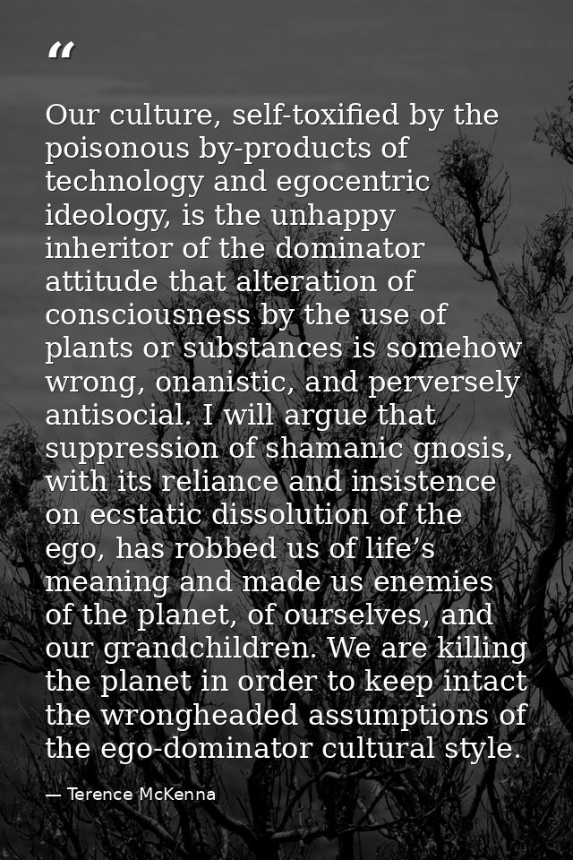 Our culture, self-toxified by the poisonous by-products of technology and egocentric ideology, is the unhappy inheritor  — Terence McKenna