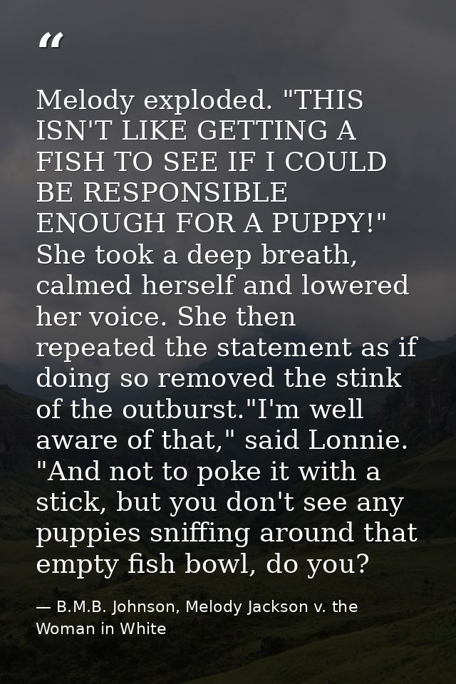 Melody exploded. "THIS ISN'T LIKE GETTING A FISH TO SEE IF I COULD BE RESPONSIBLE ENOUGH FOR A PUPPY!" She took a deep b — B.M.B. Johnson, Melody Jackson v. the Woman in White