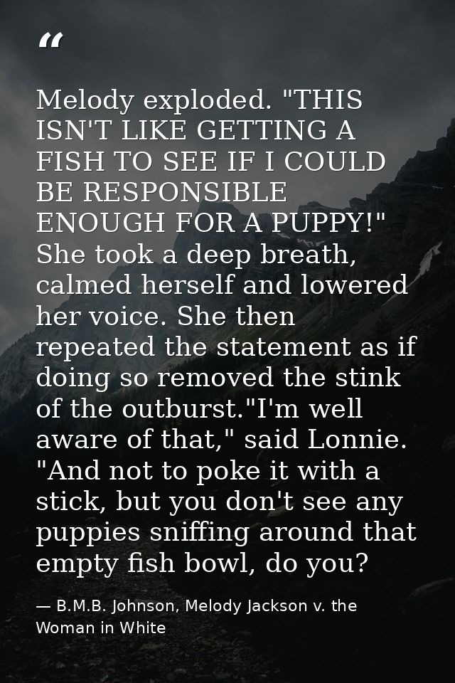 Melody exploded. "THIS ISN'T LIKE GETTING A FISH TO SEE IF I COULD BE RESPONSIBLE ENOUGH FOR A PUPPY!" She took a deep b — B.M.B. Johnson, Melody Jackson v. the Woman in White