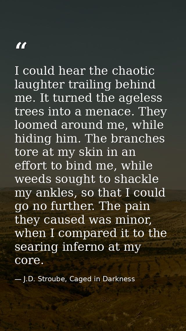 I could hear the chaotic laughter trailing behind me. It turned the ageless trees into a menace. They loomed around me,  — J.D. Stroube, Caged in Darkness