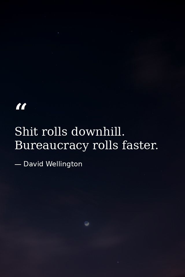 Shit rolls downhill. Bureaucracy rolls faster. — David Wellington