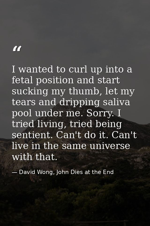 I wanted to curl up into a fetal position and start sucking my thumb, let my tears and dripping saliva pool under me. So — David Wong, John Dies at the End