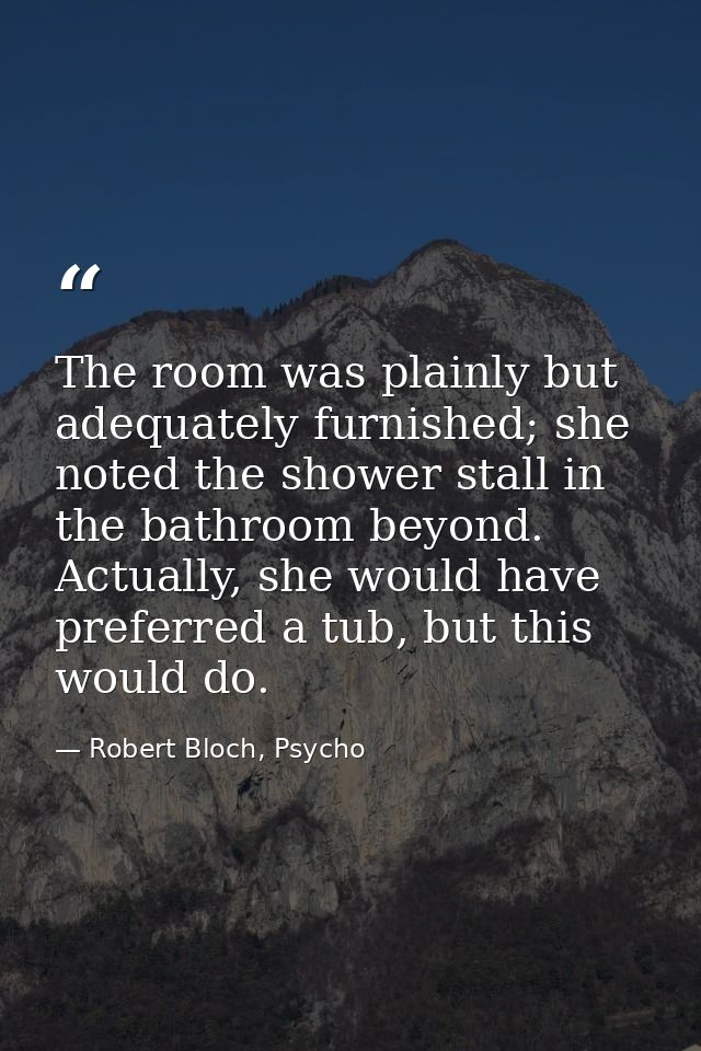The room was plainly but adequately furnished; she noted the shower stall in the bathroom beyond. Actually, she would ha — Robert Bloch, Psycho