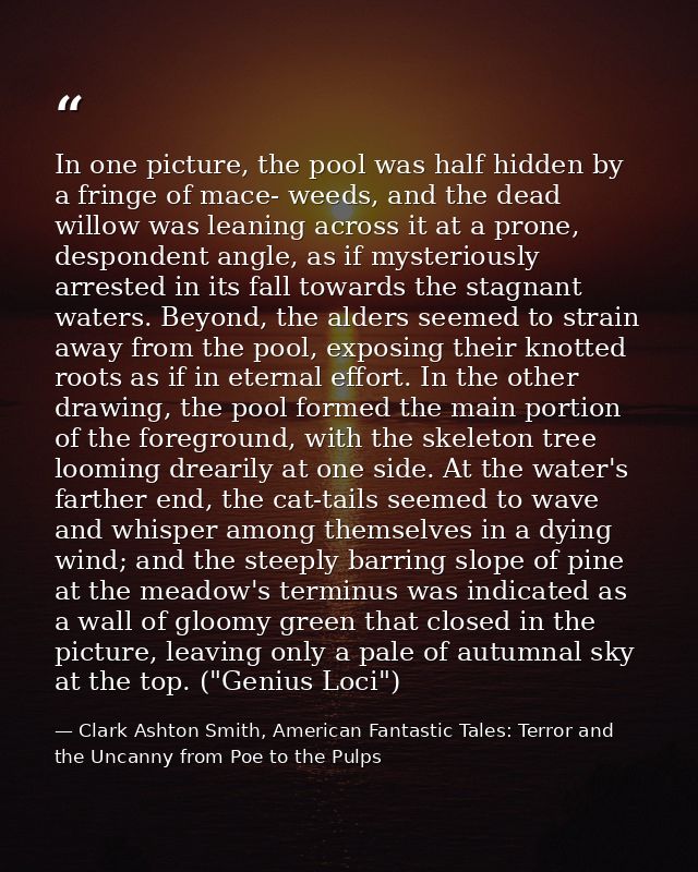 In one picture, the pool was half hidden by a fringe of mace- weeds, and the dead willow was leaning across it at a pron — Clark Ashton Smith, American Fantastic Tales: Terror and the Uncanny from Poe to the Pulps