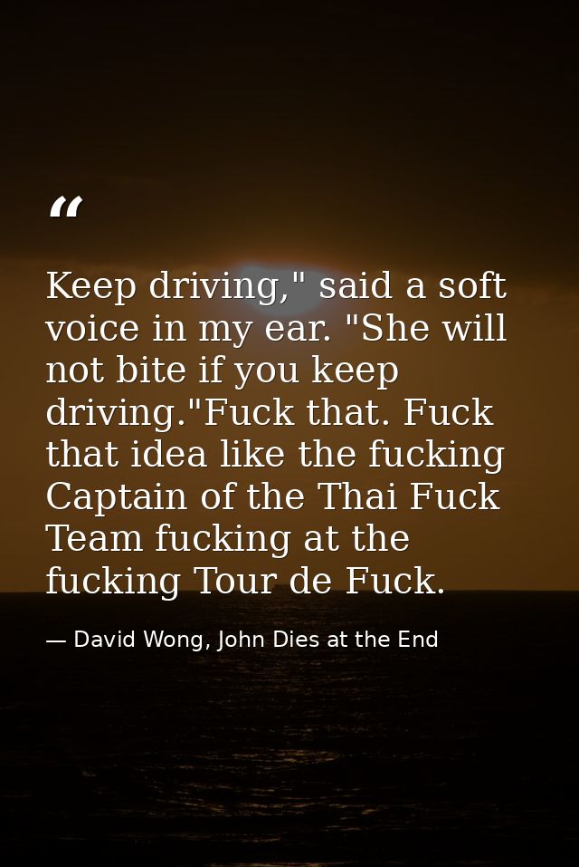 Keep driving," said a soft voice in my ear. "She will not bite if you keep driving."Fuck that. Fuck that idea like the f — David Wong, John Dies at the End