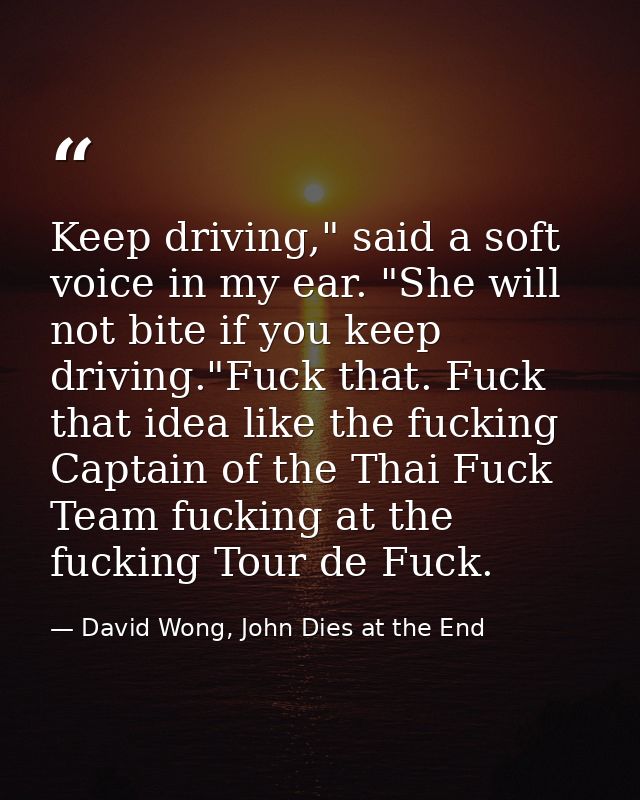 Keep driving," said a soft voice in my ear. "She will not bite if you keep driving."Fuck that. Fuck that idea like the f — David Wong, John Dies at the End