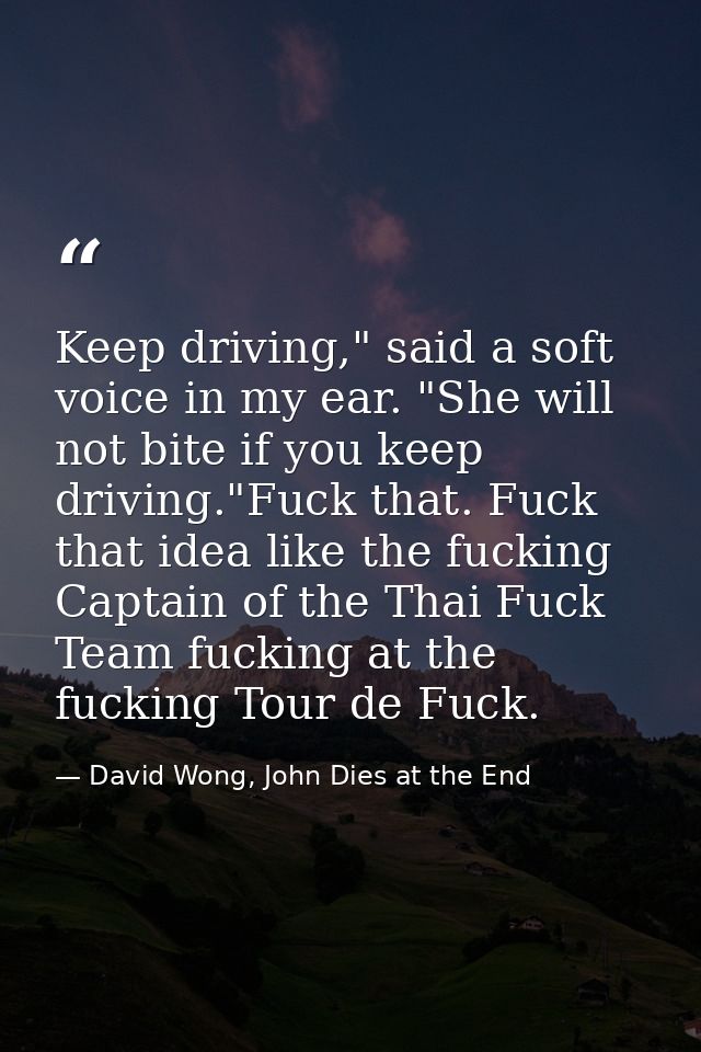 Keep driving," said a soft voice in my ear. "She will not bite if you keep driving."Fuck that. Fuck that idea like the f — David Wong, John Dies at the End