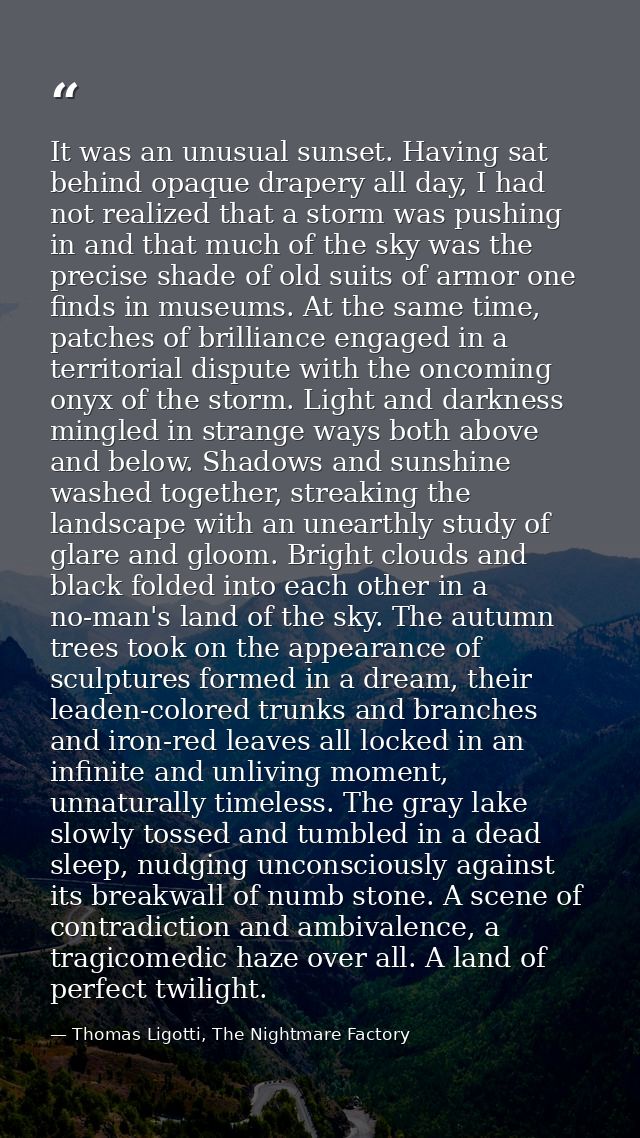 It was an unusual sunset. Having sat behind opaque drapery all day, I had not realized that a storm was pushing in and t — Thomas Ligotti, The Nightmare Factory