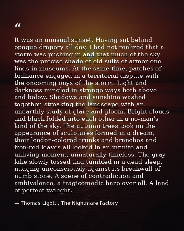 It was an unusual sunset. Having sat behind opaque drapery all day, I had not realized that a storm was pushing in and t — Thomas Ligotti, The Nightmare Factory