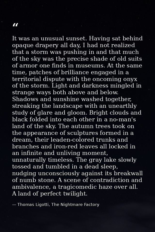 It was an unusual sunset. Having sat behind opaque drapery all day, I had not realized that a storm was pushing in and t — Thomas Ligotti, The Nightmare Factory