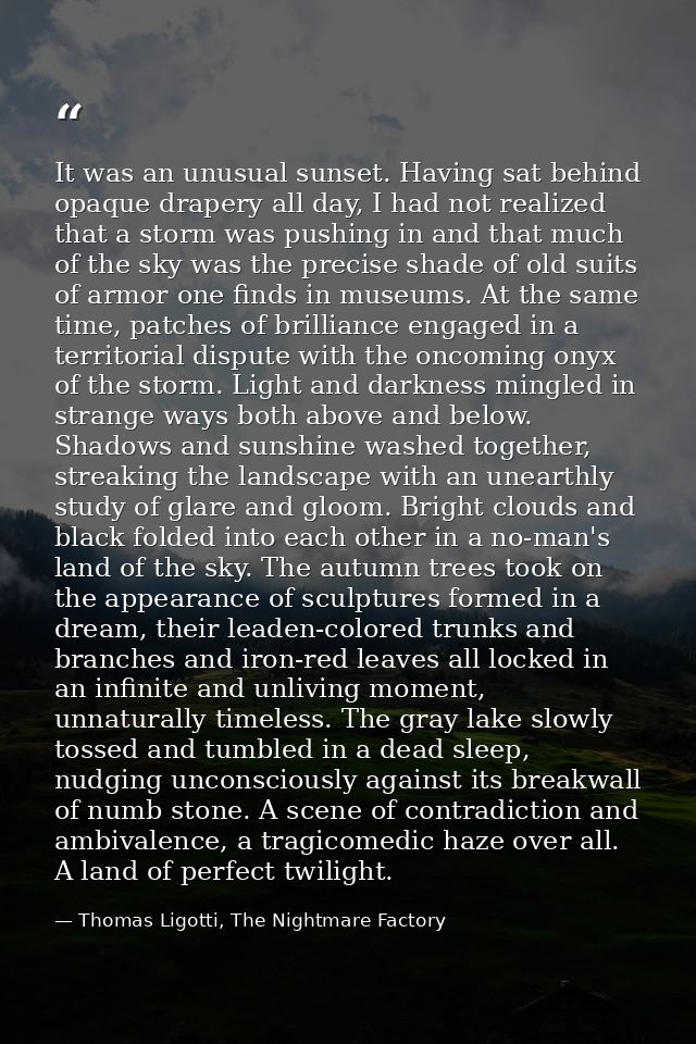 It was an unusual sunset. Having sat behind opaque drapery all day, I had not realized that a storm was pushing in and t — Thomas Ligotti, The Nightmare Factory