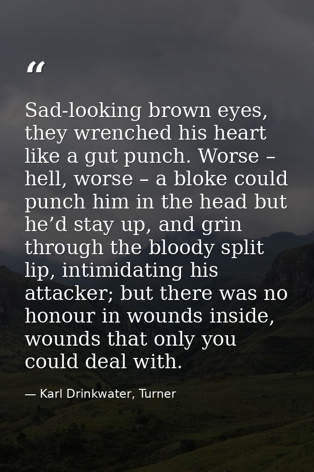 Sad-looking brown eyes, they wrenched his heart like a gut punch. Worse – hell, worse – a bloke could punch him in the h — Karl Drinkwater, Turner