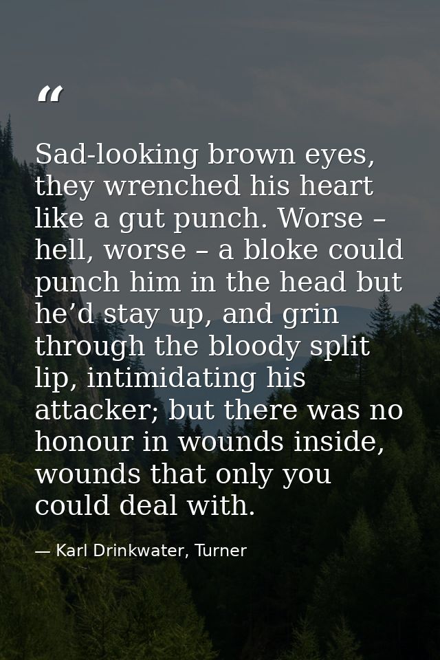 Sad-looking brown eyes, they wrenched his heart like a gut punch. Worse – hell, worse – a bloke could punch him in the h — Karl Drinkwater, Turner