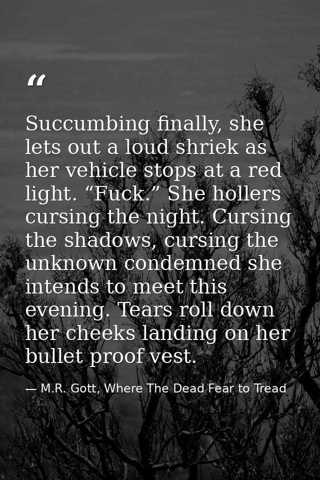Succumbing finally, she lets out a loud shriek as her vehicle stops at a red light. “Fuck.” She hollers cursing the nigh — M.R. Gott, Where The Dead Fear to Tread