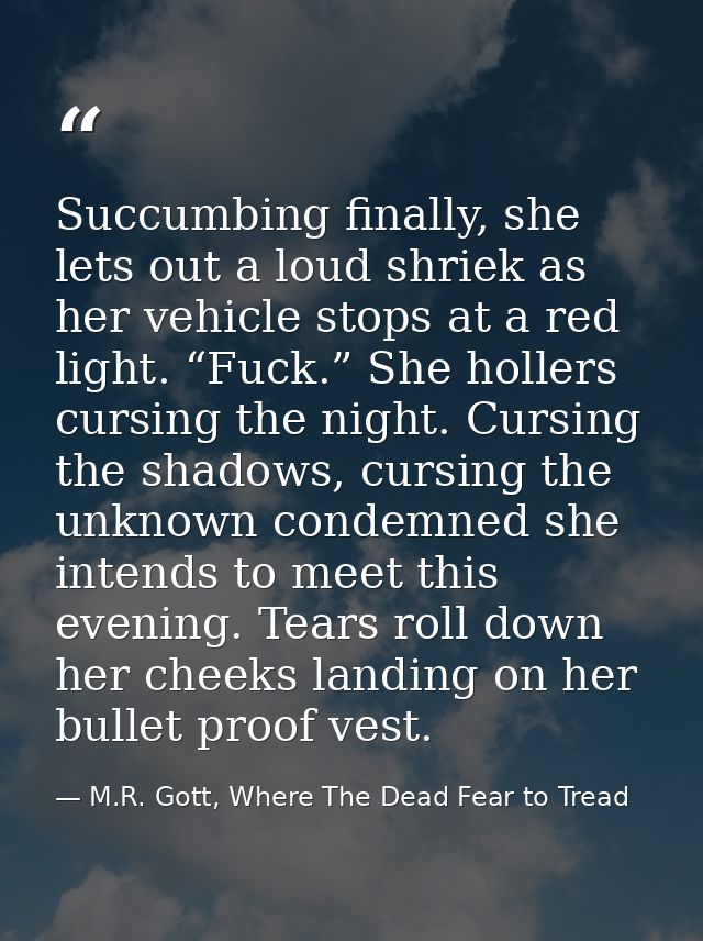 Succumbing finally, she lets out a loud shriek as her vehicle stops at a red light. “Fuck.” She hollers cursing the nigh — M.R. Gott, Where The Dead Fear to Tread