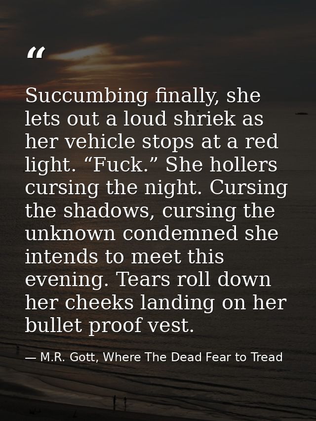 Succumbing finally, she lets out a loud shriek as her vehicle stops at a red light. “Fuck.” She hollers cursing the nigh — M.R. Gott, Where The Dead Fear to Tread