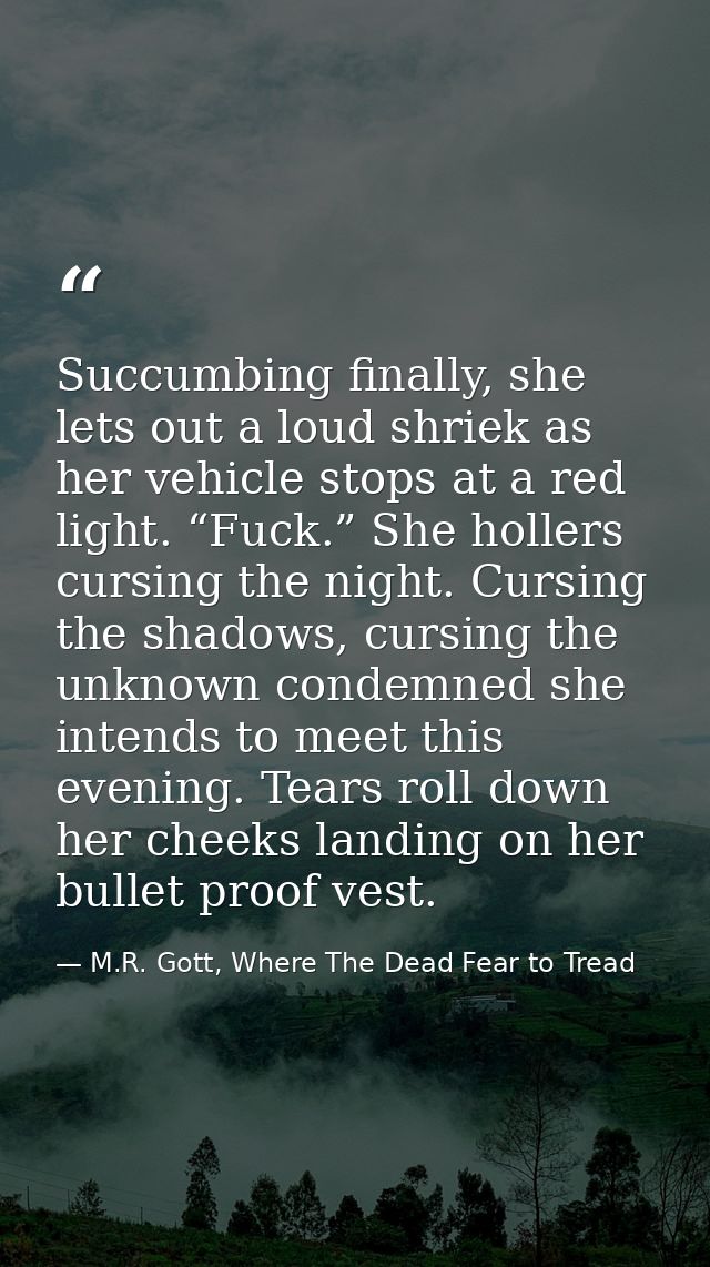 Succumbing finally, she lets out a loud shriek as her vehicle stops at a red light. “Fuck.” She hollers cursing the nigh — M.R. Gott, Where The Dead Fear to Tread