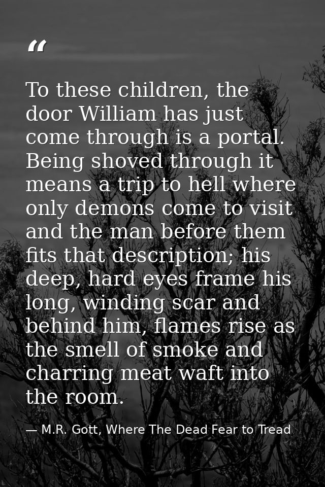 To these children, the door William has just come through is a portal. Being shoved through it means a trip to hell wher — M.R. Gott, Where The Dead Fear to Tread