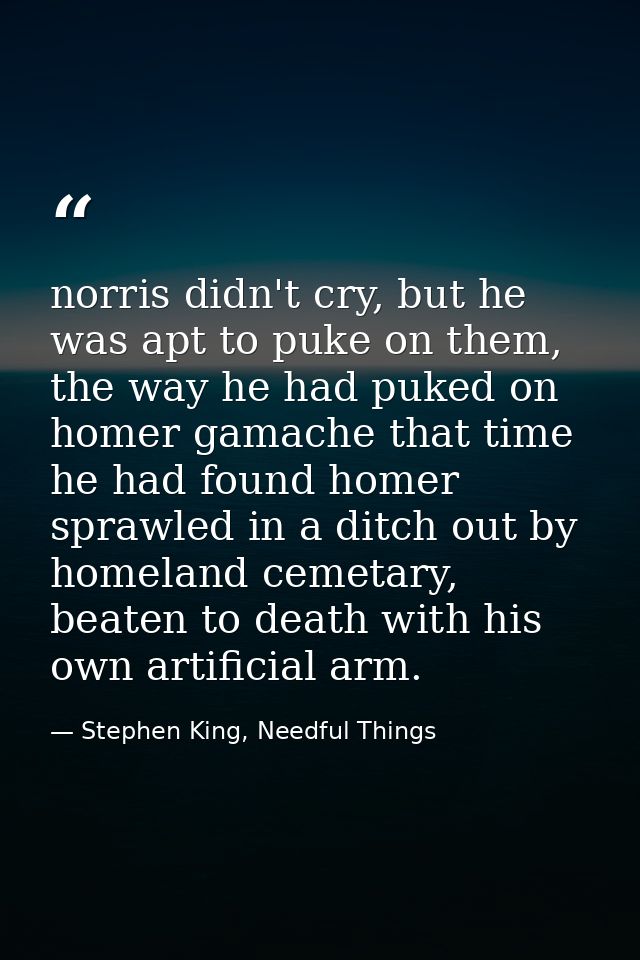 norris didn't cry, but he was apt to puke on them, the way he had puked on homer gamache that time he had found homer sp — Stephen King, Needful Things