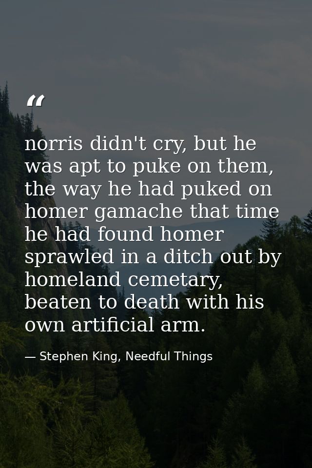 norris didn't cry, but he was apt to puke on them, the way he had puked on homer gamache that time he had found homer sp — Stephen King, Needful Things